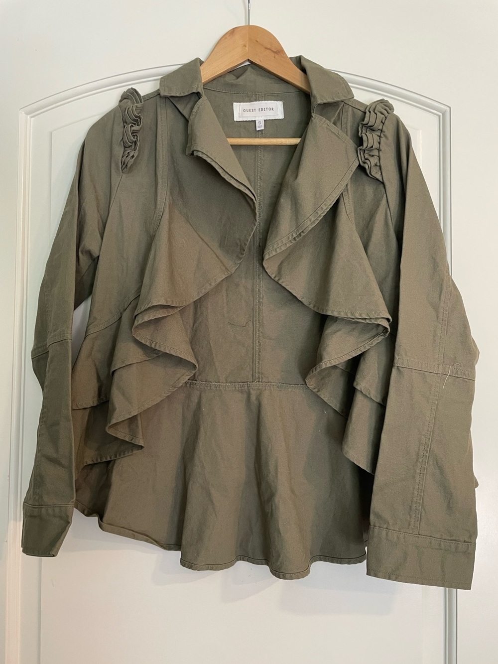 Guest Editor Army Green Women's Ruffle Open Front Utility Jacket Cotton Size S